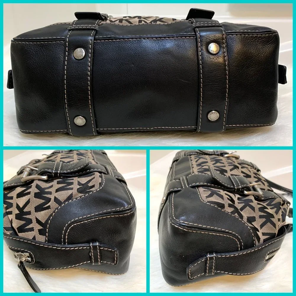 SOLD! MICHAEL KORS Black & White Signature Canvas Buckle-Trimmed Satchel - Picture 10 of 13